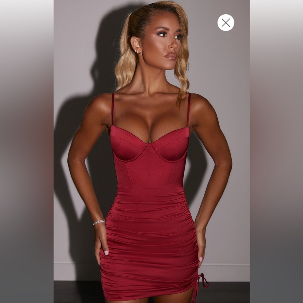 Timeless Romance Ruched Asymmetric Satin Mini Dress in Red from OH POLLY
